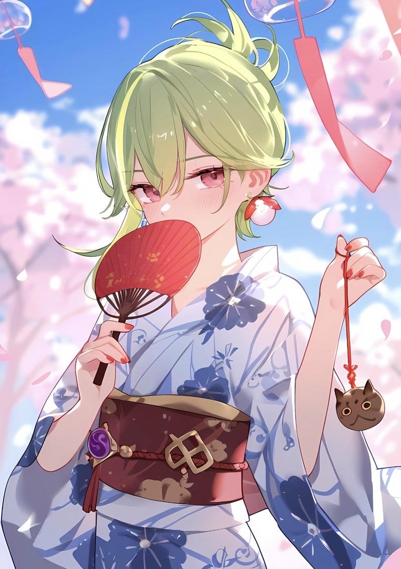 Hình anime nữ mặc kimono với chi tiết trang phục