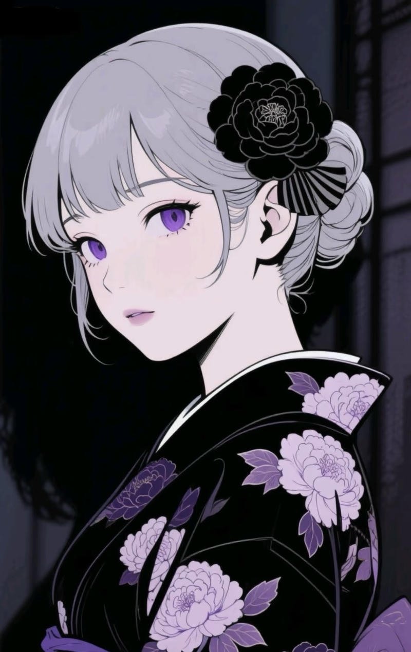 Hình anime nữ mặc kimono với dáng vẻ thanh lịch