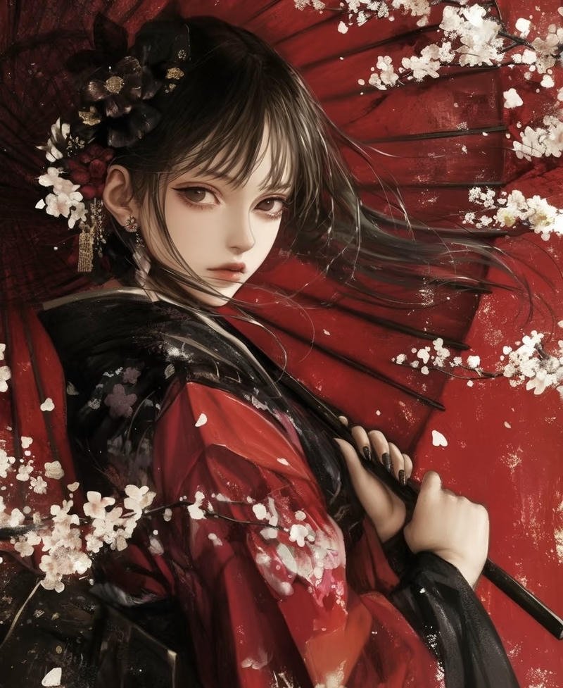 Hình anime nữ mặc kimono với dáng vẻ uyển chuyển