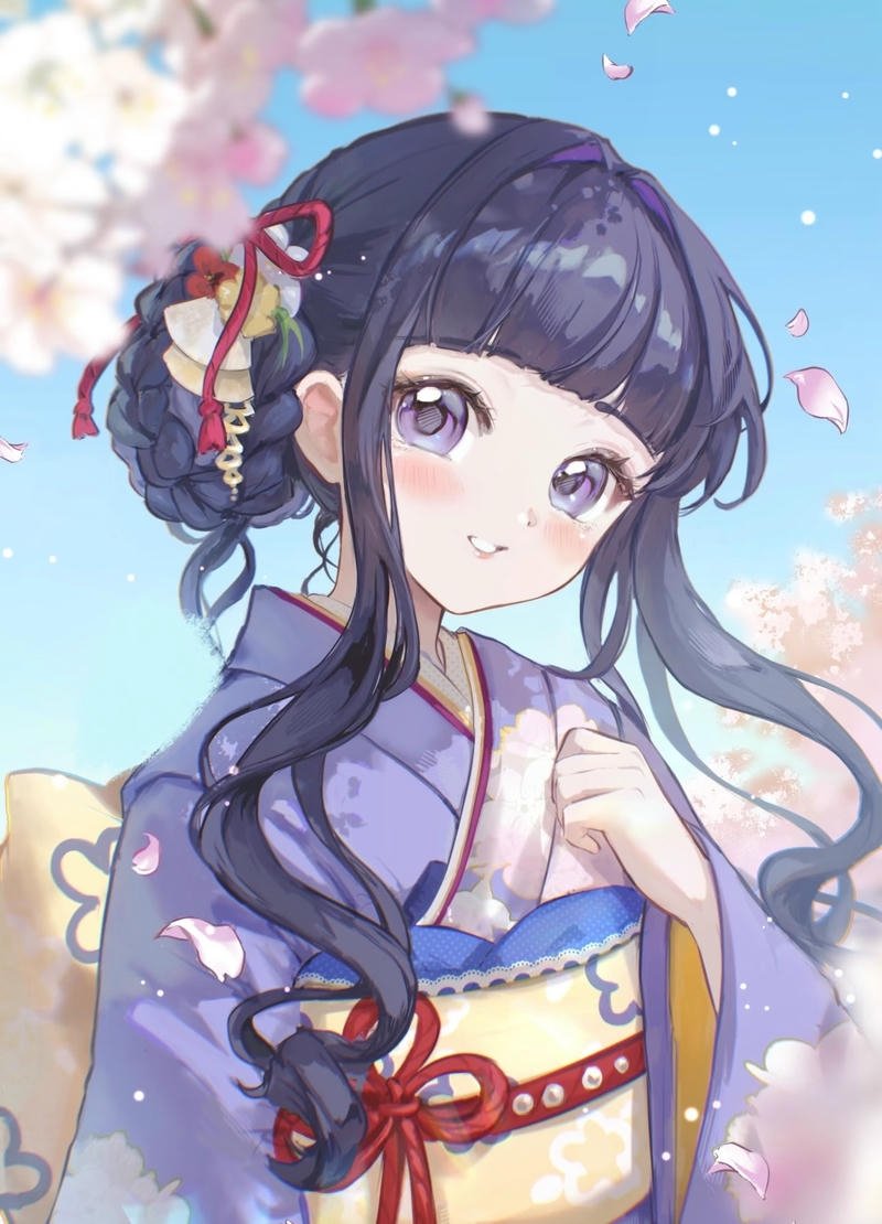 Hình anime nữ mặc kimono với nét mặt thanh thoát