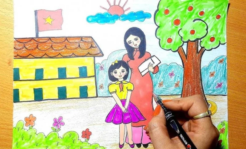 Minh họa giáo viên và học sinh tạo nên hình ảnh ý nghĩa