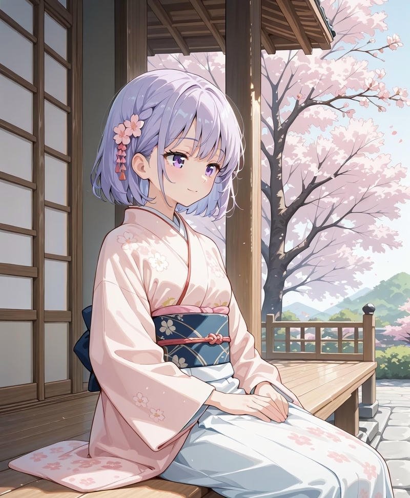Nhân vật anime nữ mặc kimono với họa tiết truyền thống