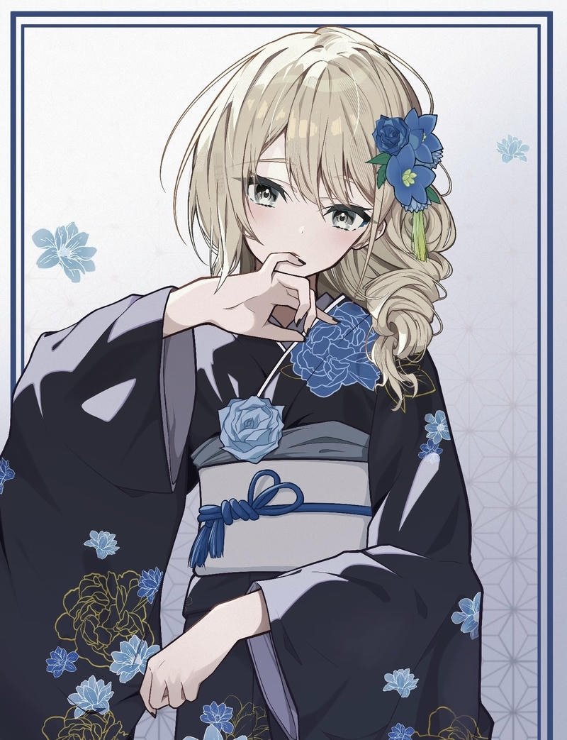 Nhân vật anime nữ mặc kimono với phong cách Nhật Bản