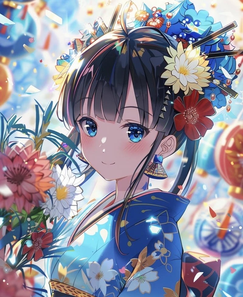 Nhân vật anime nữ mặc kimono với phong cách cổ điển