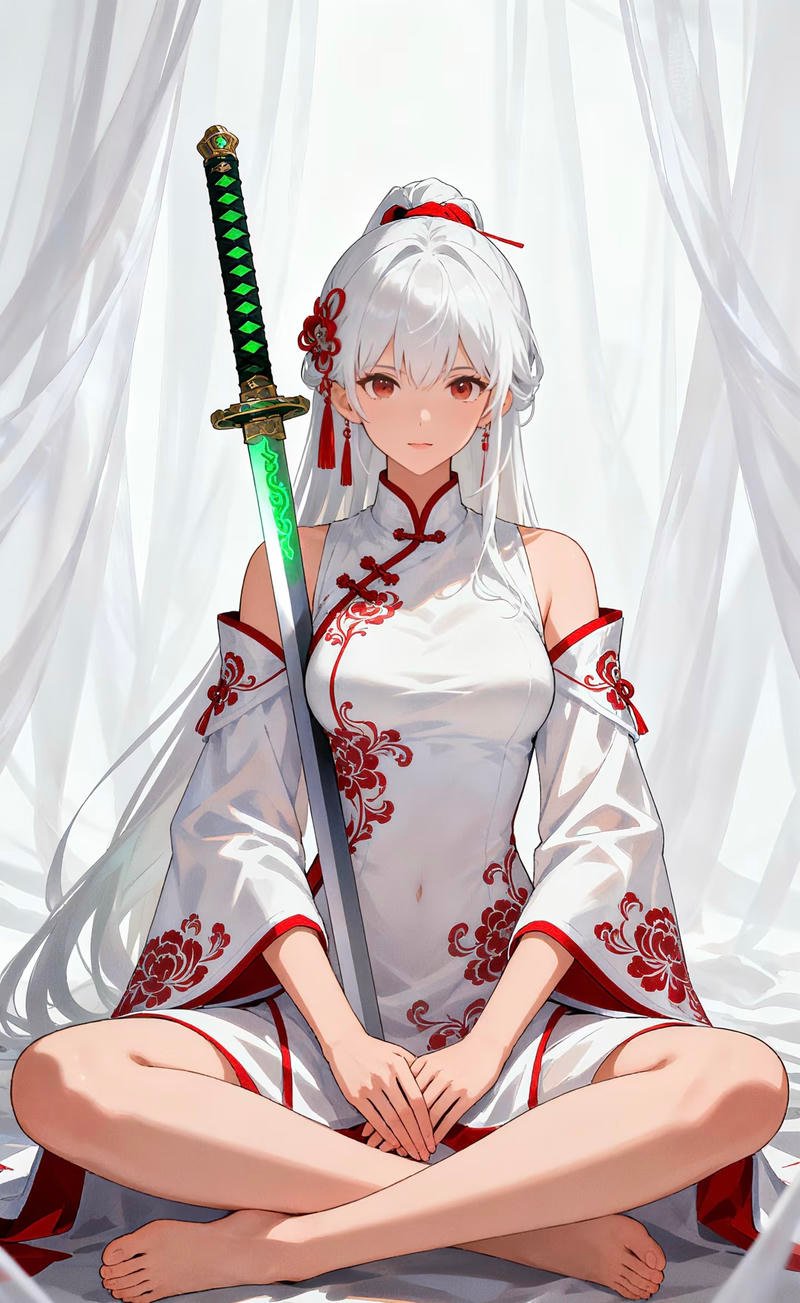 Nữ anime cầm kiếm đứng giữa thành phố đổ nát