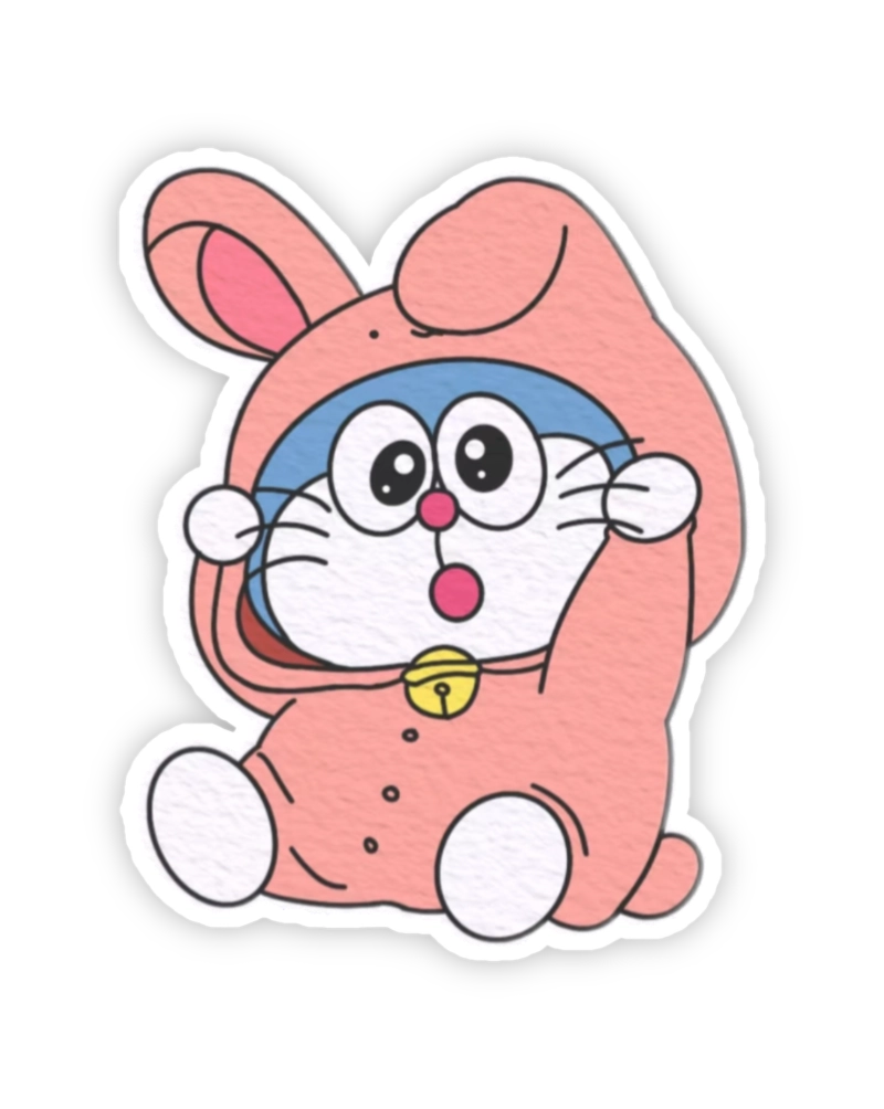 Sticker doraemon mặc áo con thỏ hồng