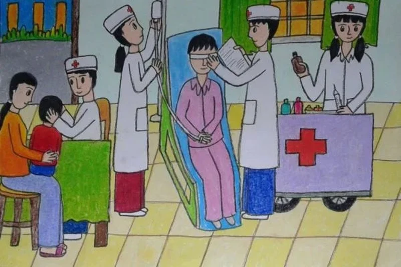 Tranh bác sĩ trong phòng khám phong cách thiếu nhi sáng tạo