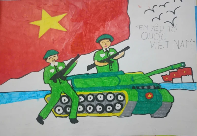 Tranh chủ đề em yêu tổ quốc Việt Nam với thiếu nhi vui tươi