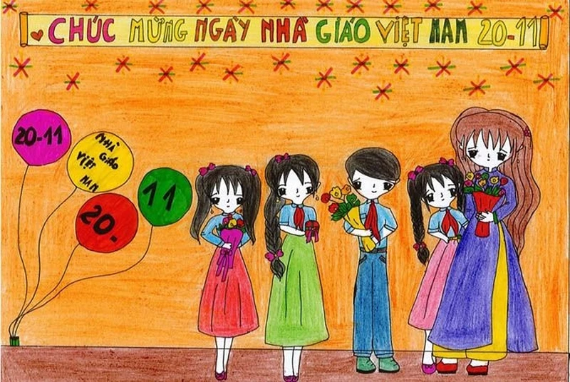 Tranh vẽ giáo viên với bảng lớp tạo khung cảnh quen thuộc