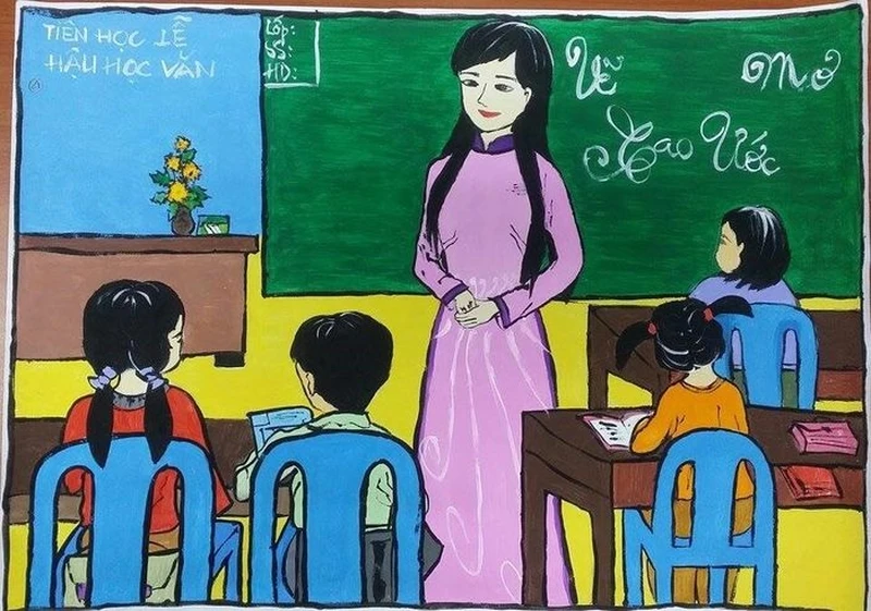 Tranh vẽ nghề giáo viên và học sinh tương tác đầy cảm xúc
