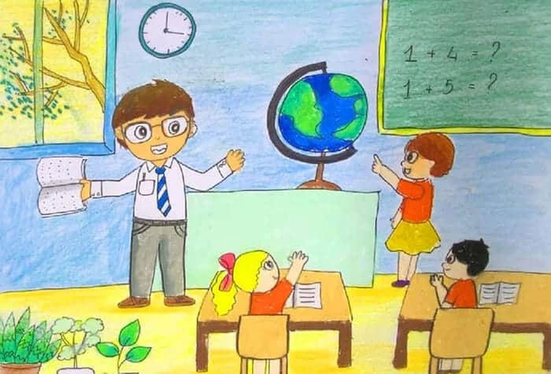 Vẽ tranh giáo viên phong cách thiếu nhi dễ thương sinh động